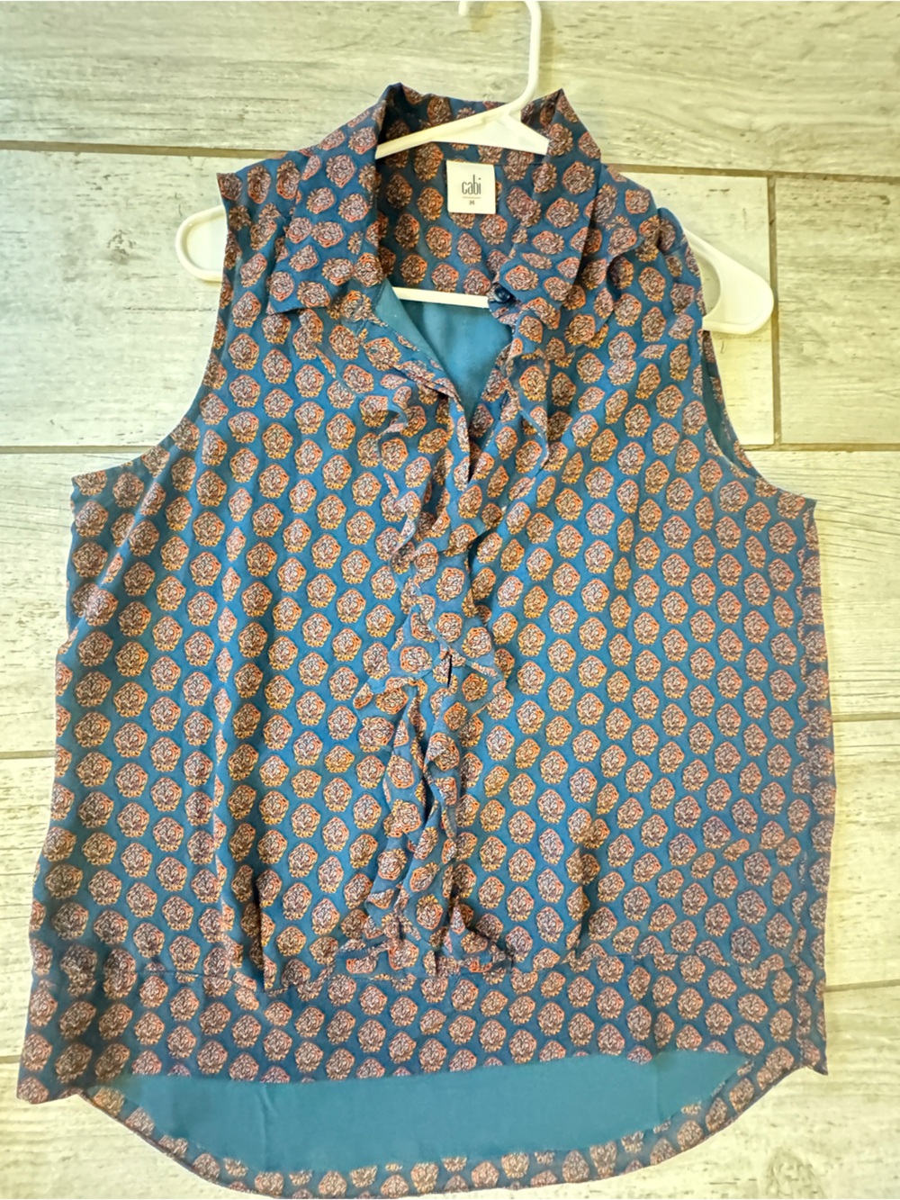 CAbi women's Blue Shirt with Orange Medallion Print